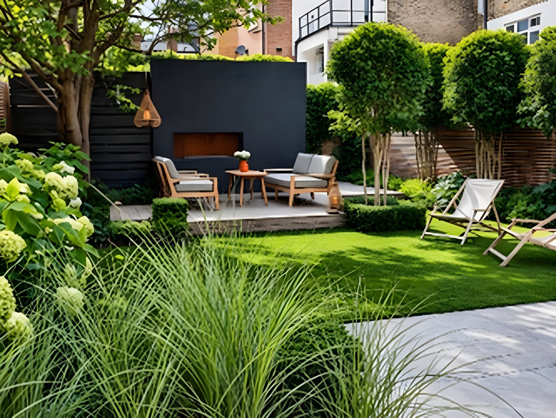 Verzorgde tuin met gazon, sierbeplanting en zitplekken